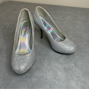 Silver Glitter and Rhinestone High Heel Round Toe Pumps